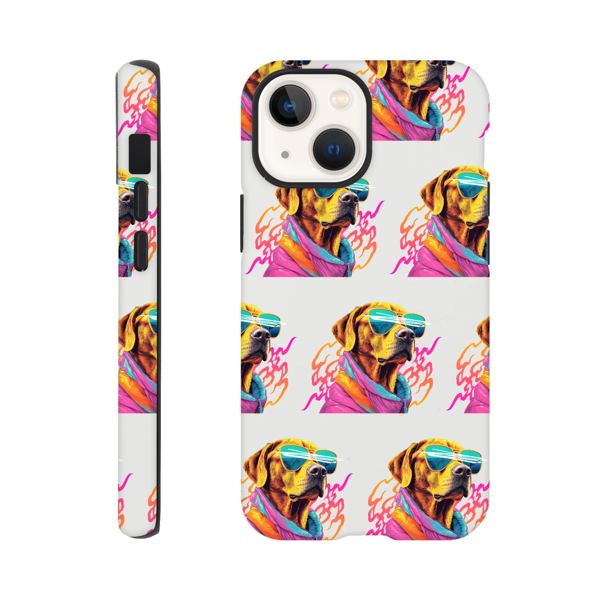 Glossy dual-layer iPhone case with a repeating dog wearing sunglasses wraparound print for iPhone 16/15/14/13