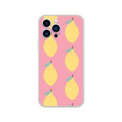 Pink lemon-pattern iPhone case (13-16) flexi cover with frosty clear texture.