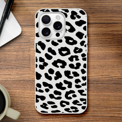 Retro Snow Leopard iPhone Case (13-16) with black spots on light gray, bold animal aesthetic phone cover.