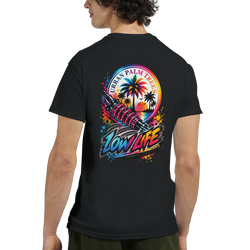 Black Low Life Petrolhead graphic tee featuring a shock absorber, palm trees, and "Urban Palm Trees" sunset design on the back.