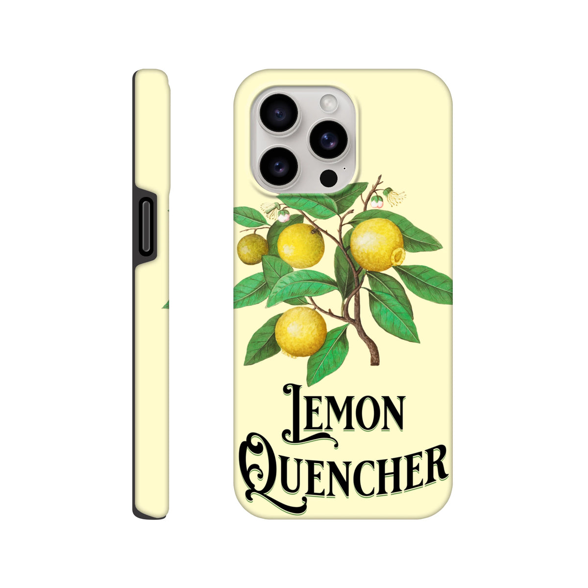 Vintage lemon Tough iPhone case featuring retro botanical lemon branch illustration and "Lemon Quencher" typography on cream background.