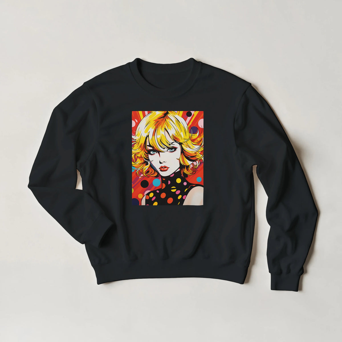 Black crewneck sweatshirt featuring a vibrant retro pop art graphic of a blonde woman with colorful comic book dots and rays.