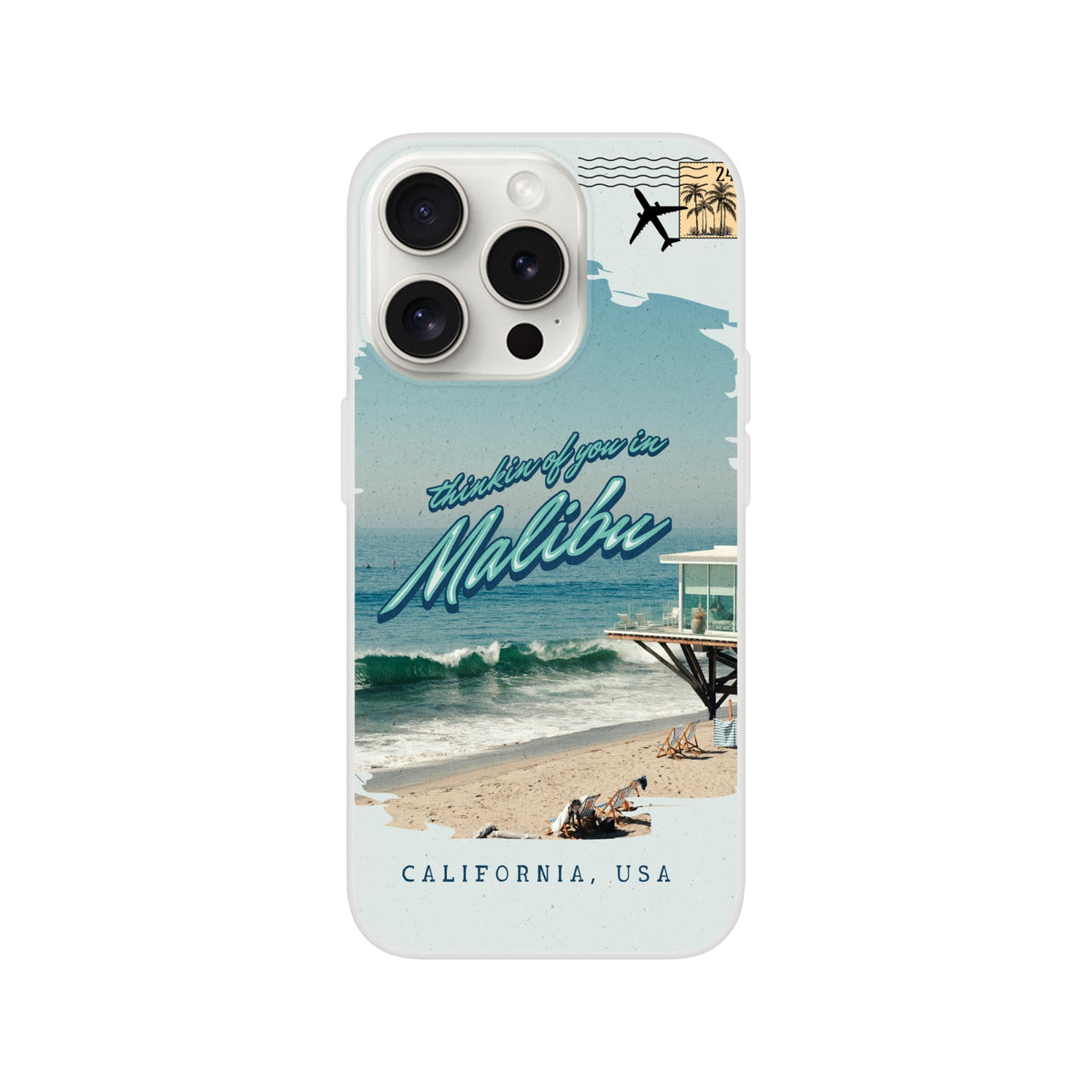 Vintage postcard Malibu Holiday iPhone case for iPhone 13–16 with palm trees, ocean waves, and retro Malibu script.