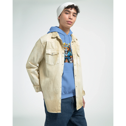 Male model wearing blue Urban Teddy Bear hoodie with bear graphic, layered over a beige overshirt and white beanie.