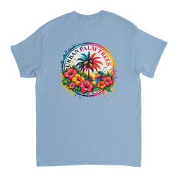 Light blue retro t-shirt back print featuring colorful hibiscus flowers, palm trees, and a sunset within a rainbow circular splash graphic.