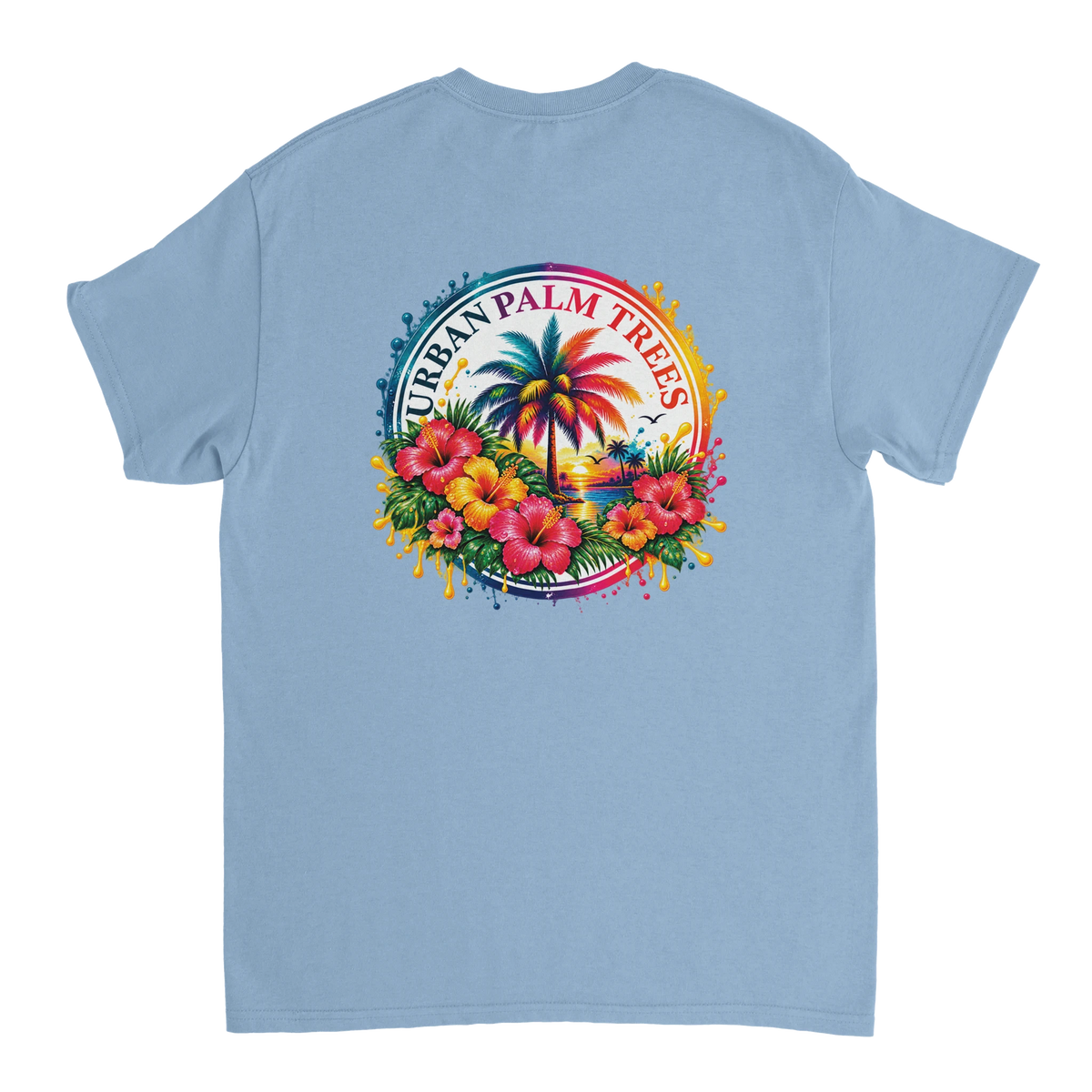 Light blue retro t-shirt back print featuring colorful hibiscus flowers, palm trees, and a sunset within a rainbow circular splash graphic.