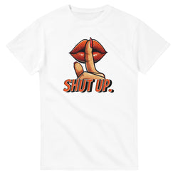 White Lips graphic T-shirt featuring a shushing finger and red lips, with bold 'SHUT UP' text.