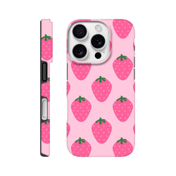 Pink iPhone case featuring a cute strawberry pattern. Durable tough cover with high-gloss wrapping for reliable defense and vibrant fruit design.