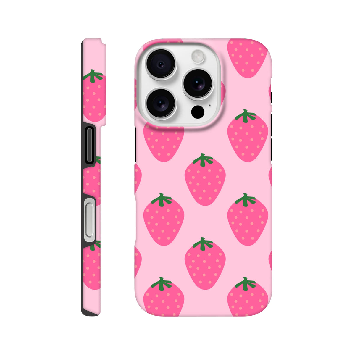 Pink iPhone case featuring a cute strawberry pattern. Durable tough cover with high-gloss wrapping for reliable defense and vibrant fruit design.