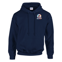 Navy blue hoodie featuring Urban Palm Trees Full Send graphic. Modified car culture sweatshirt for men, streetwear style.