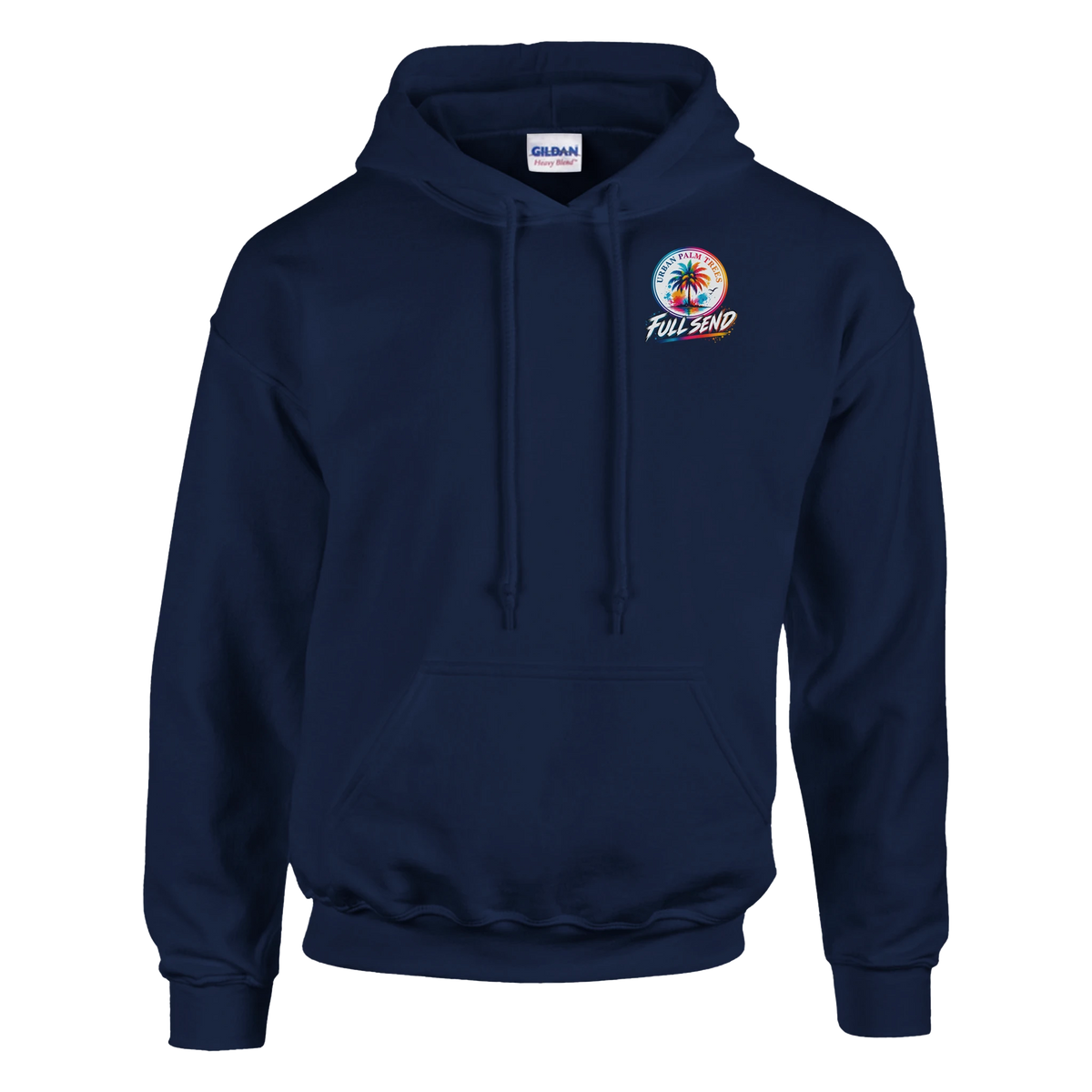 Navy blue hoodie featuring Urban Palm Trees Full Send graphic. Modified car culture sweatshirt for men, streetwear style.