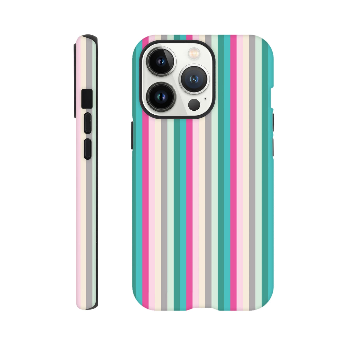 Retro pink and aqua vertical stripe tough phone case compatible with iPhone 13 to 16 models.
