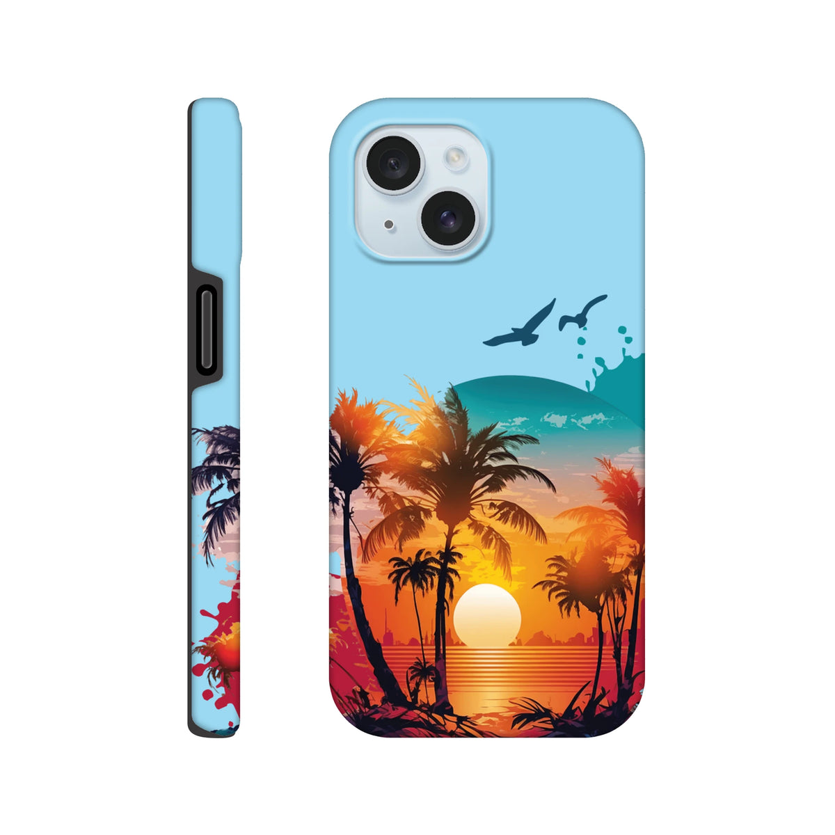 Vibrant tropical sunset palm tree iPhone case featuring bold orange gradients, silhouetted trees, and flying birds for beach style protection.