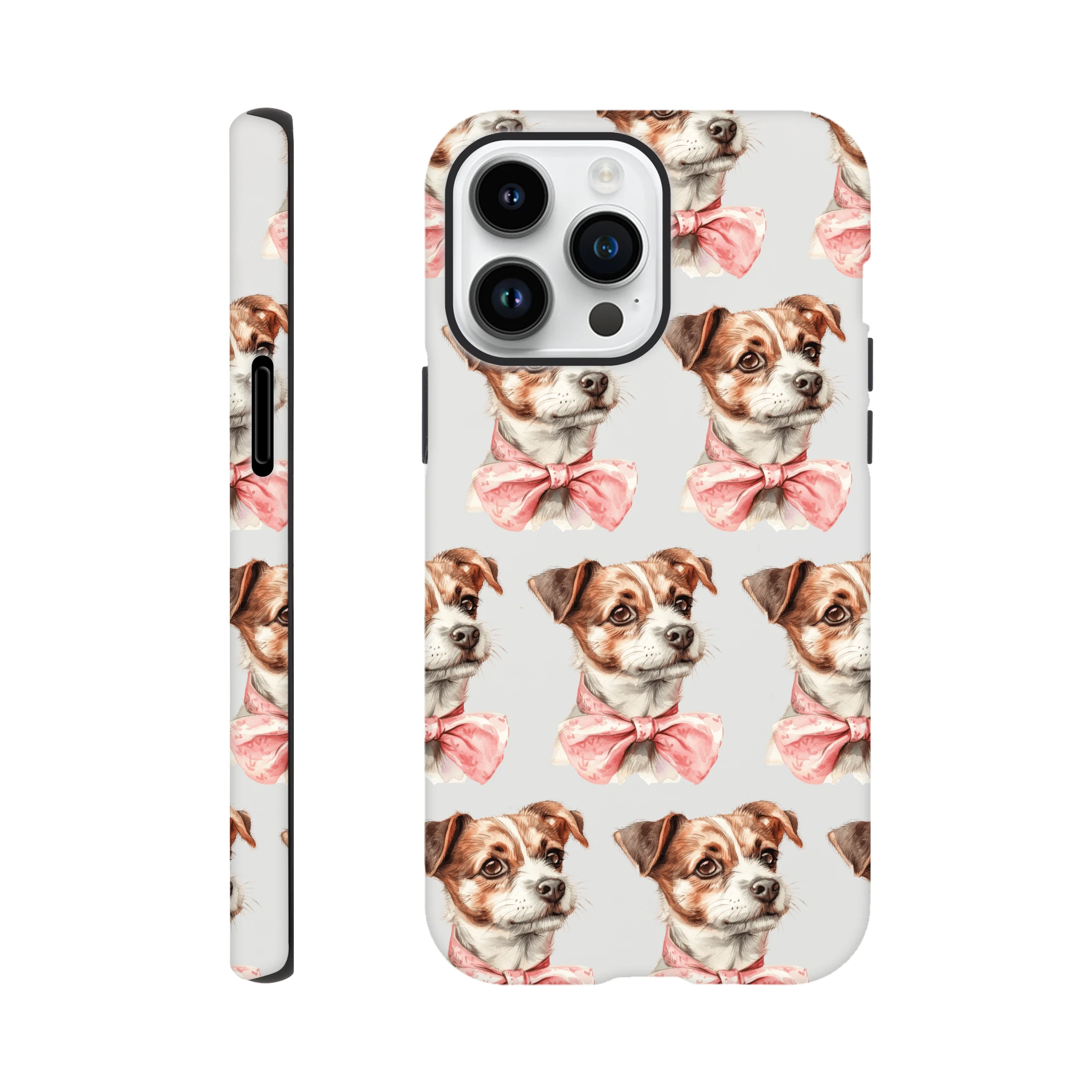 Cute dog phone case with pink bowtie; tough dual-layer wraparound protection for iPhone 16-13.