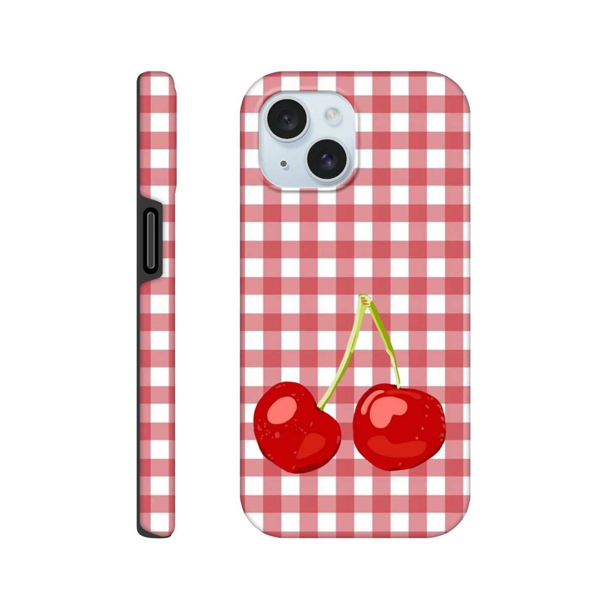 Red and white gingham iPhone case featuring two glossy red cherries on green stems with side view.