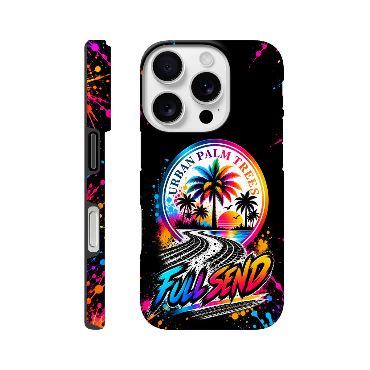 Full Send Urban Palm Trees iPhone case with colorful sunset, tire tracks, and wraparound paint splatter design for modified car culture.