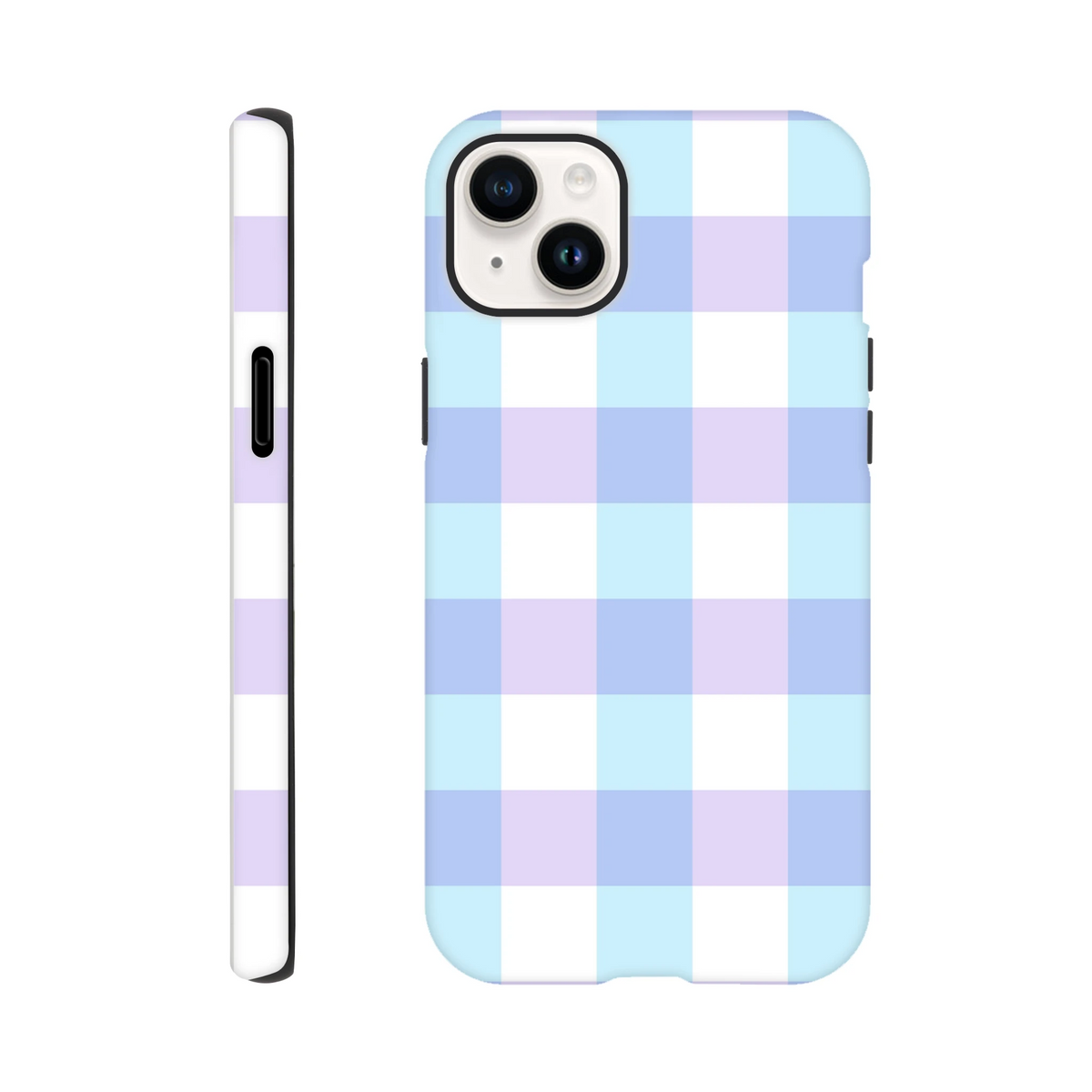 Pastel blue and lavender gingham tough iPhone case featuring a cute checkered pattern and shock-absorbing protection for streetwear style.