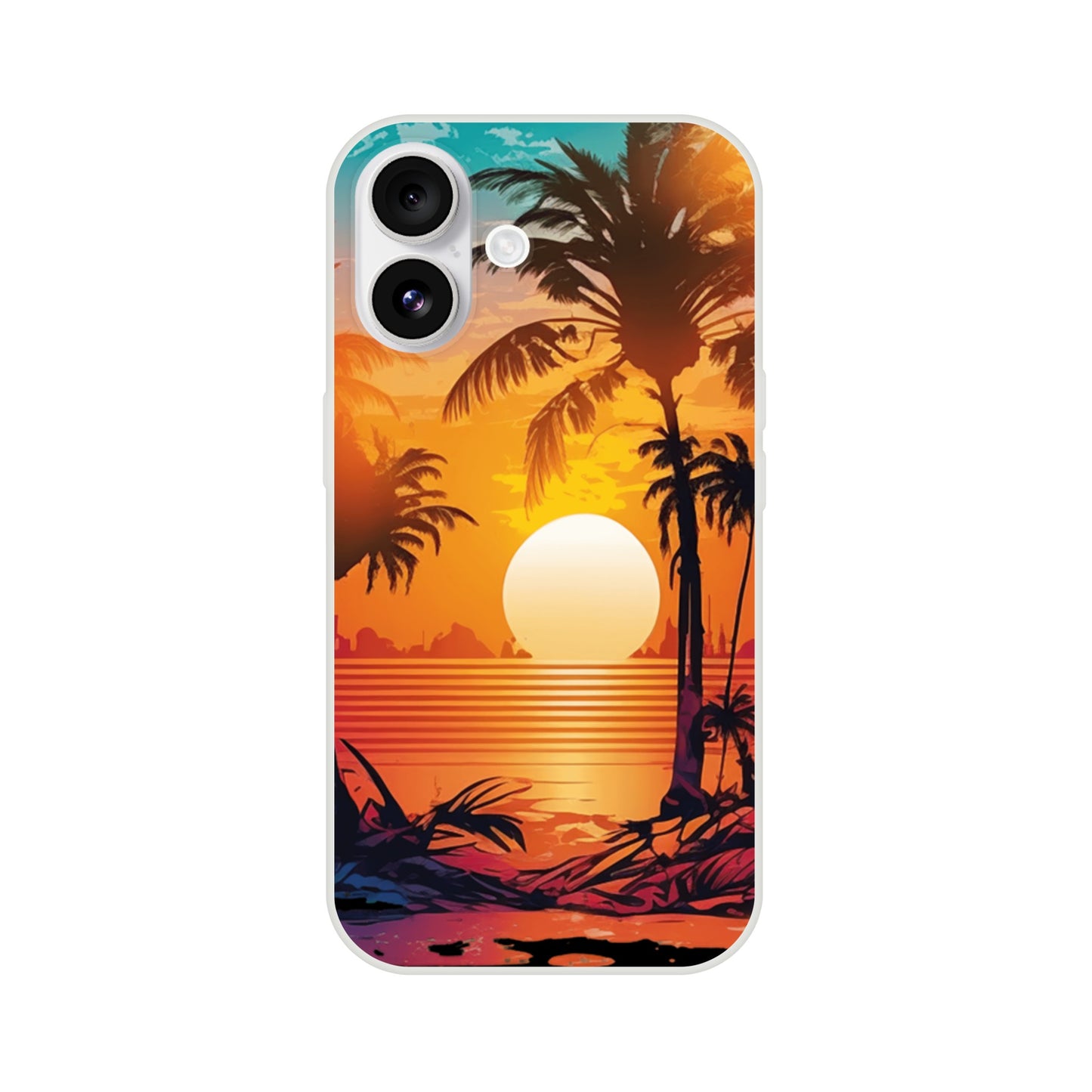 iPhone case with a tropical sunset design featuring palm trees and a setting sun 8