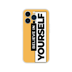Slim matte orange iPhone case (13-16) featuring vertical Believe In Yourself slogan in bold black lettering