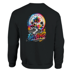 Black sweatshirt back featuring colorful Full Send graphic with palm trees, sunset, and tire tracks.