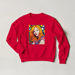 Red retro pop art sweatshirt with a colorful comic-style portrait of a woman.