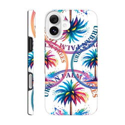 Vibrant urban palm trees iPhone case with colorful tropical stamps. Tough phone cover for 13-16 models featuring bold streetwear art.