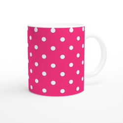 Retro hot pink ceramic mug with white polka dot pattern. Spotty coffee cup for daily brews, office use, or gifting.