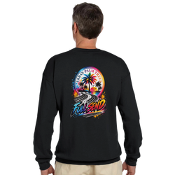Back view of a black Full Send car sweatshirt featuring a colorful Urban Palm Trees graphic with a winding road and sunset design.