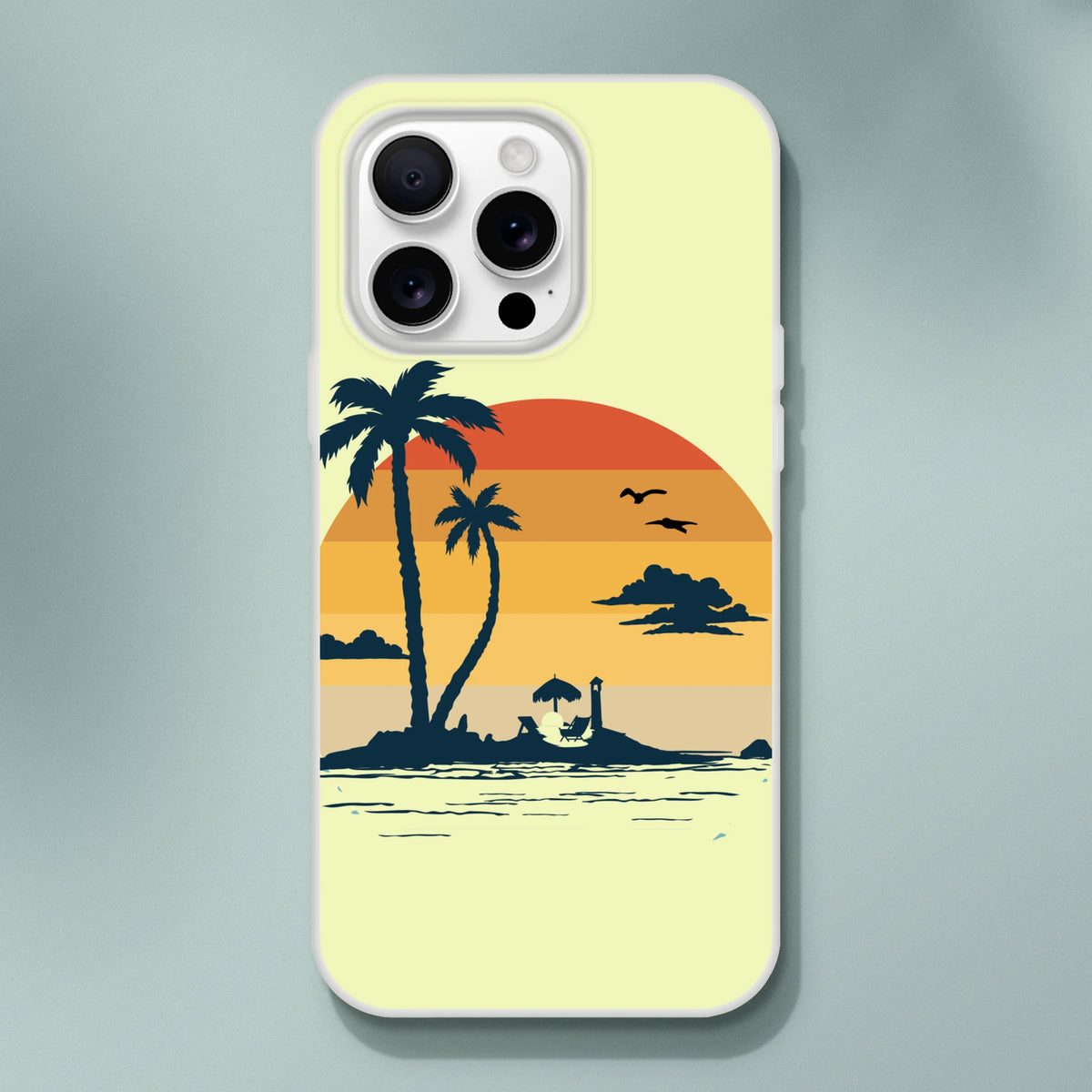 Retro Beach iPhone Case (13-16) featuring palm tree sunset illustration on pastel yellow cover.
