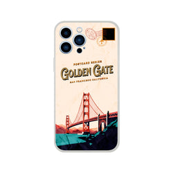 Vintage postcard-style iPhone case for iPhone 13-16 featuring Golden Gate Bridge and postal stamps.