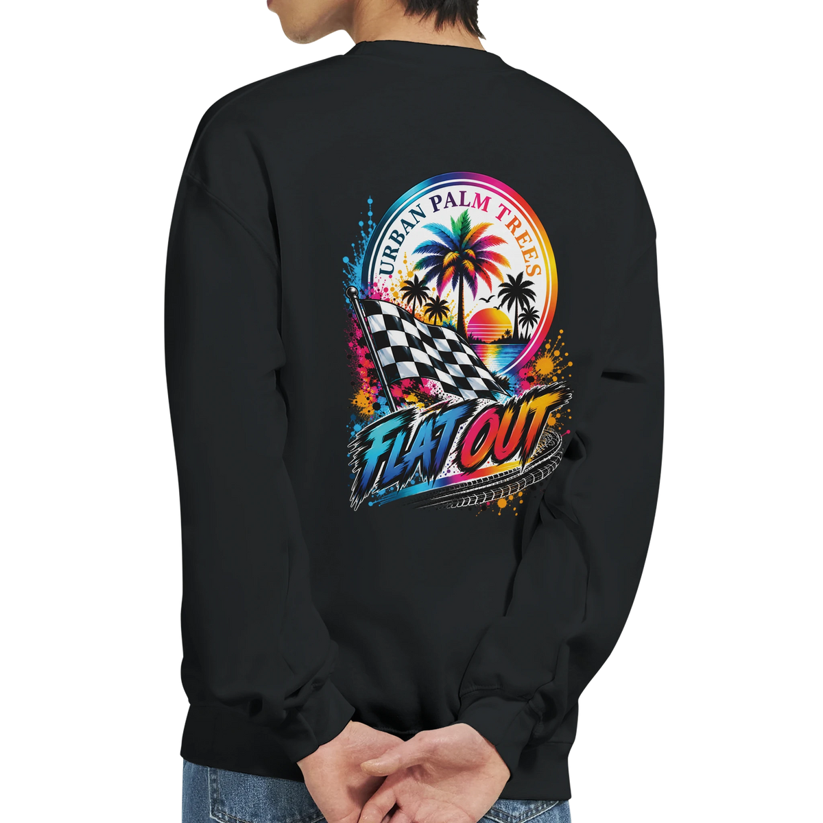 Black petrolhead sweatshirt featuring a colorful back graphic with a checkered flag, palm trees, and stylized Flat Out text.