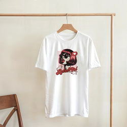 White women's tee featuring retro pop art graphic of girl with sunglasses and lollipop, labeled Retro Girl in red script.