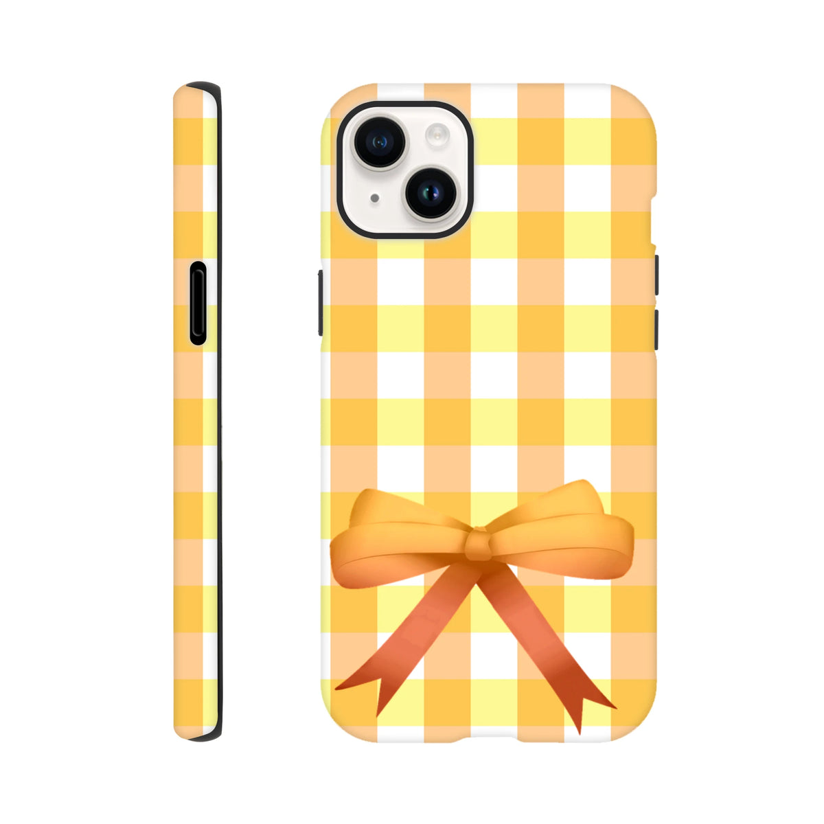 Yellow gingham iPhone case with a 3D orange bow back and wraparound plaid pattern for coquette street style.