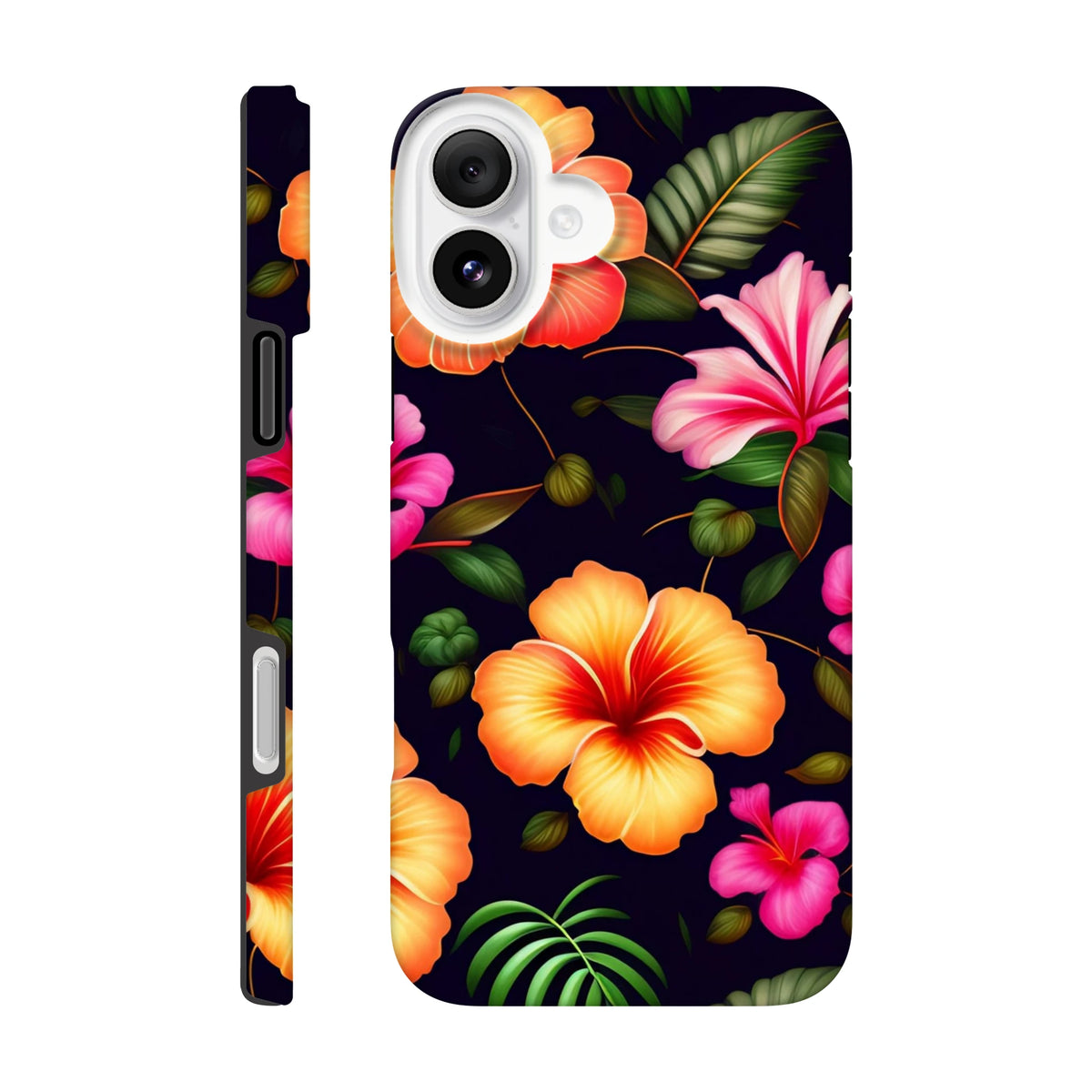 Tropical floral tough phone case featuring vibrant orange and pink hibiscus flowers with green palm leaves on a dark background for iPhone 13-16.
