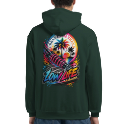 Dark green hoodie back featuring colorful Low Life car culture graphic with shock absorber, palm trees, and Urban Palm Trees text.