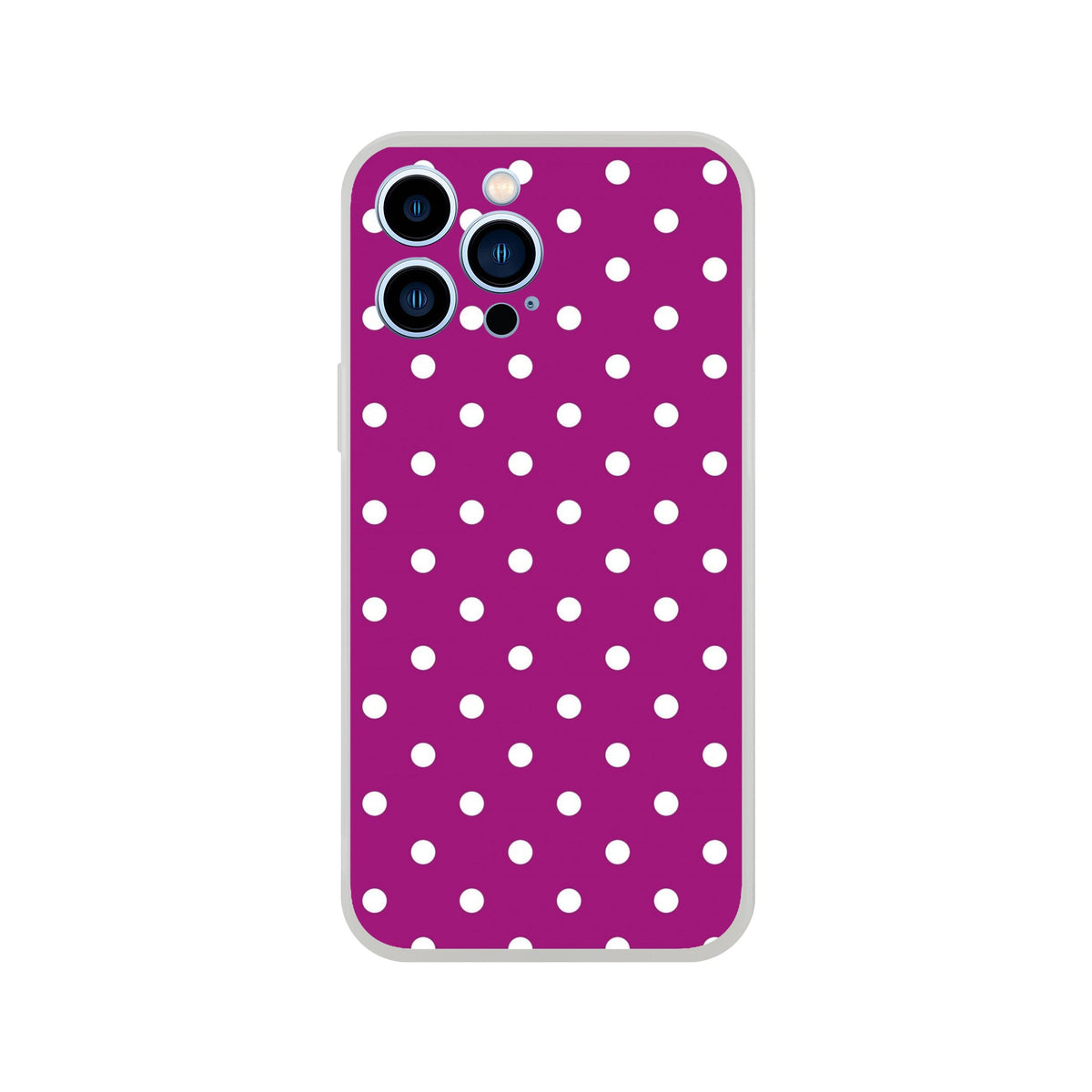 Retro purple and white polka dot iPhone case with matte finish, shock-absorbing TPU protection, and precise camera cutouts.