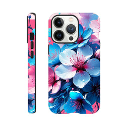 Vibrant blue and pink floral iPhone case design for tough protection and bold streetwear style on iPhone 13-15 models.