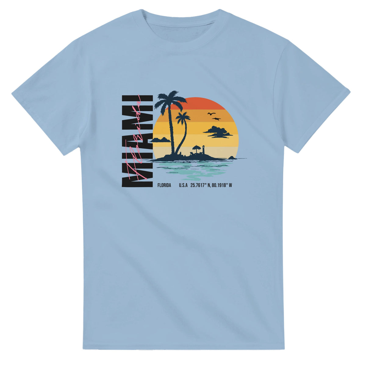 Miami Women's Graphic T-Shirt with tropical sunset island scene, palm trees, and coordinates on light blue cotton blend.