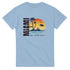 Miami Women's Graphic T-Shirt with tropical sunset island scene, palm trees, and coordinates on light blue cotton blend.