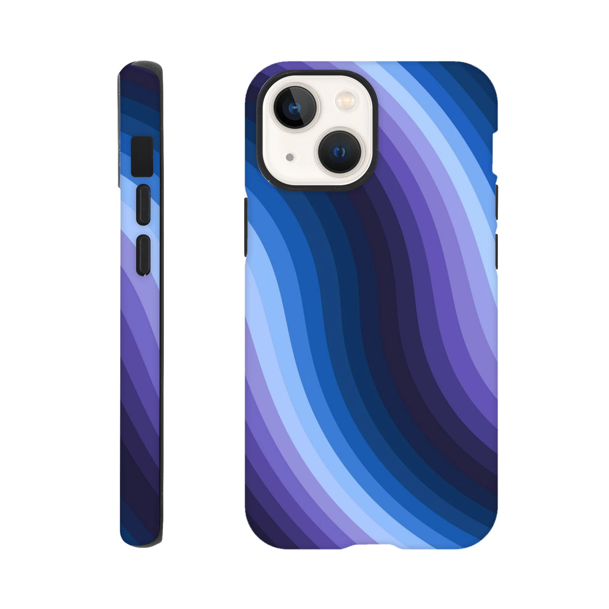 Blue retro wave tough iPhone case featuring Y2K wavy stripes and reinforced guard rails for impact protection and wireless charging.