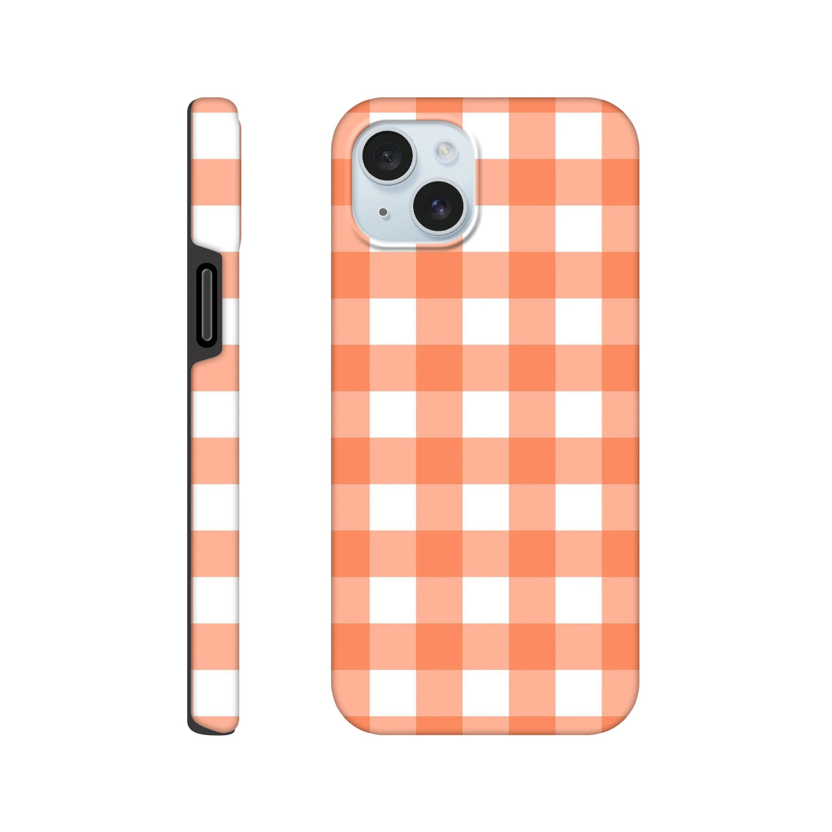 Orange gingham iPhone case with retro checkered pattern, featuring tough shock-absorbing protection for models 13-16.