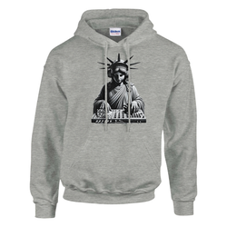 Liberty DJ graphic hoodie in gray, soft cotton blend, featuring Statue of Liberty with headphones at a DJ mixer.