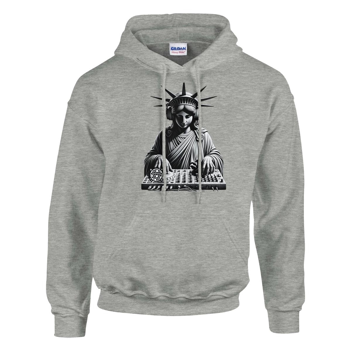Liberty DJ graphic hoodie in gray, soft cotton blend, featuring Statue of Liberty with headphones at a DJ mixer.