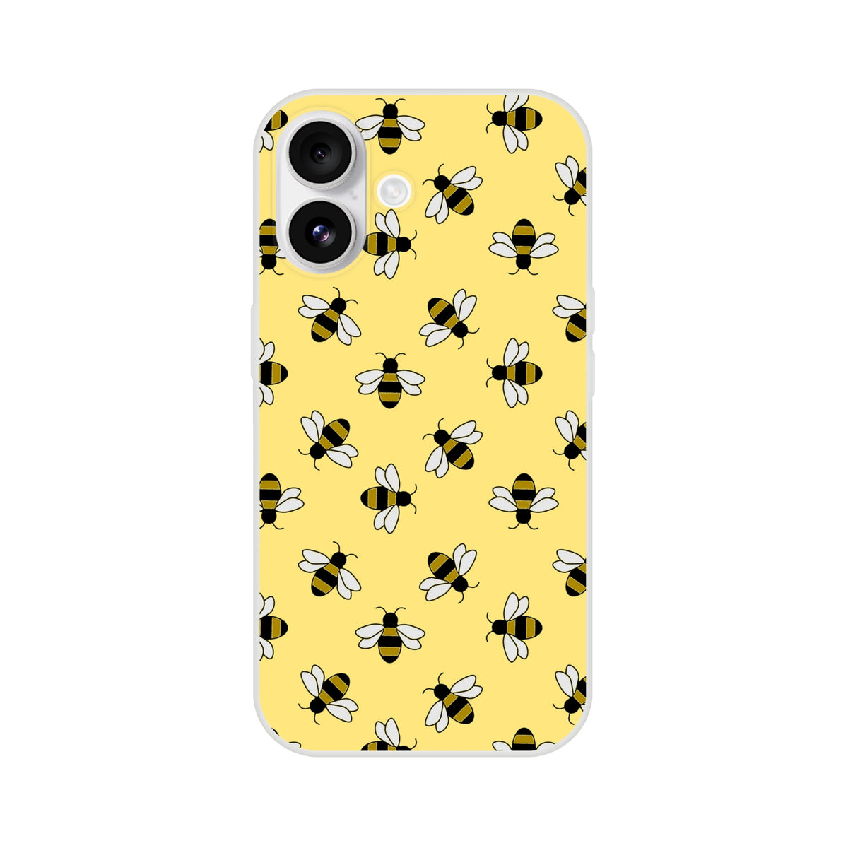 Cute Bee iPhone Case (13-16) Honey Bee Aesthetic with yellow background and bee pattern.
