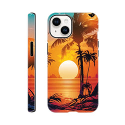 Retro tropical sunset iPhone case featuring palm tree silhouettes against an orange gradient sky and ocean horizon.