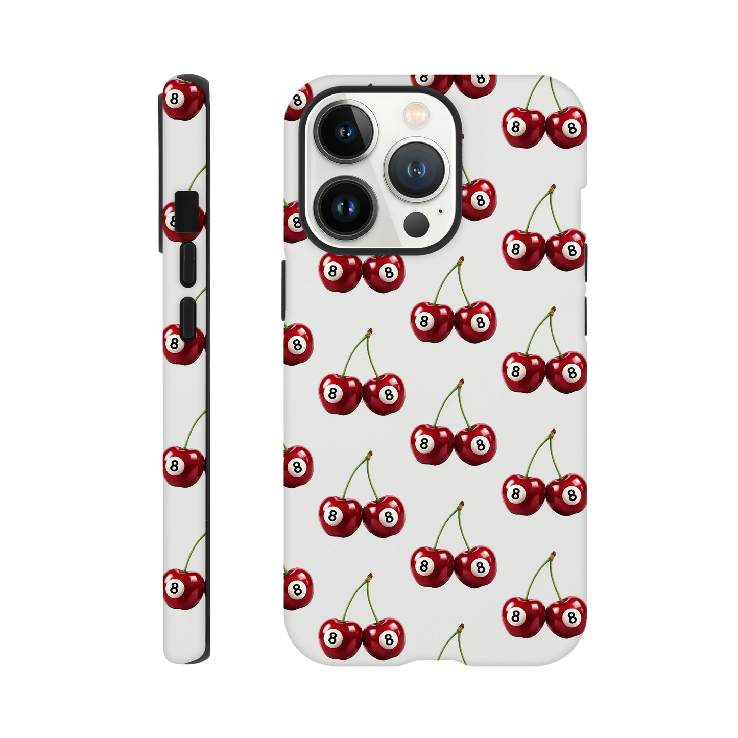 Lucky Cherries Tough protective case for iPhone 16/15/14/13 with dual-layer protection and wraparound cherry print.