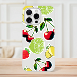 Transparent iPhone case featuring a cherry, lime, lemon, and strawberry sticker effect design for slim drop protection.