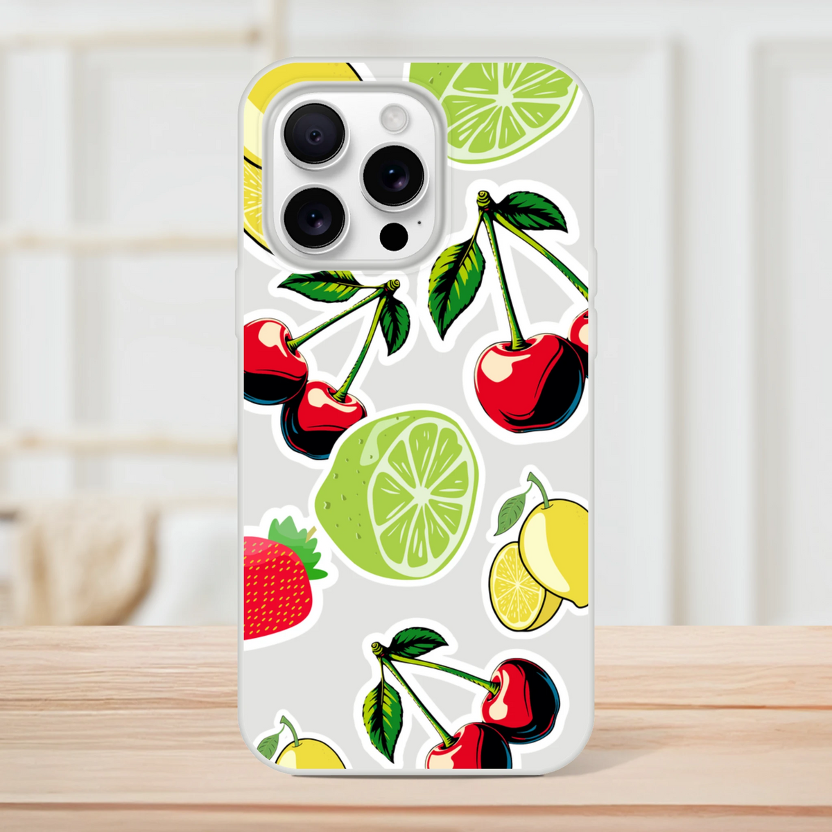 Transparent iPhone case featuring a cherry, lime, lemon, and strawberry sticker effect design for slim drop protection.