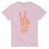 Pink men's heavyweight cotton-blend Peace graphic tee with a typographic peace-sign hand design.