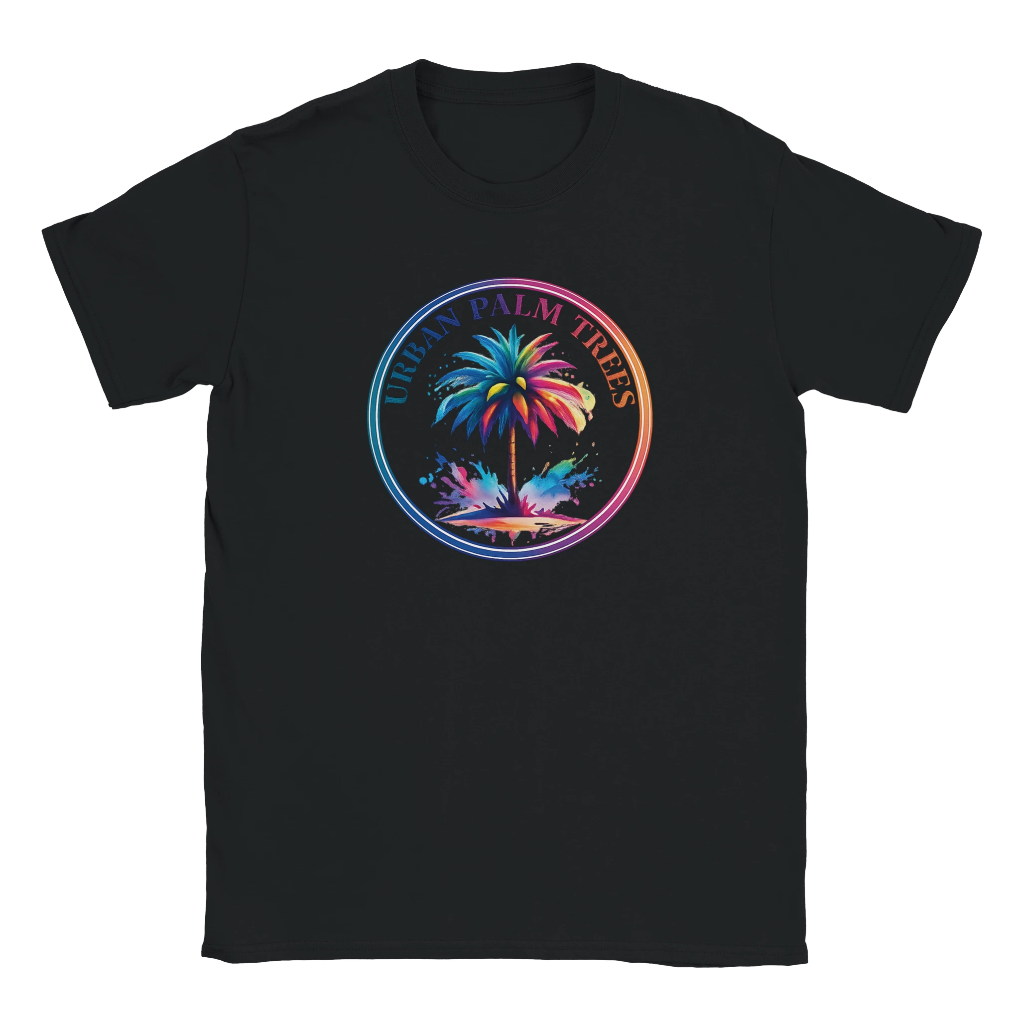 Retro Palm Tree T-Shirt for Women with a colorful rainbow palm design on black fabric.
